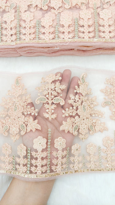 9 Yards Peach Net Lace Trim Floral Embroidery and Gold Sequins, Floral Sari Border, Decorative Trim